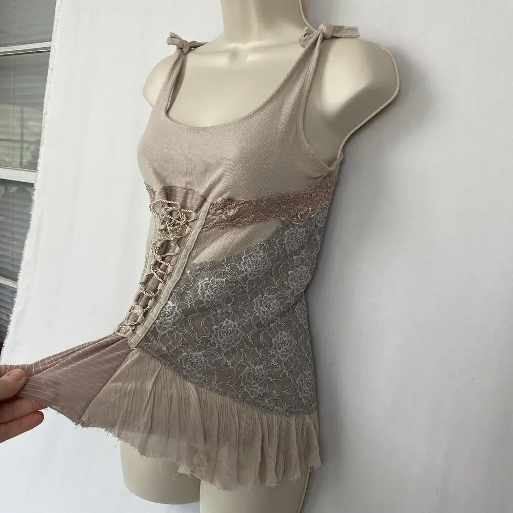 Free People Lace Corset Tank Top Medium Beige Blush Ruffle Fairy Grunge Ren Fair